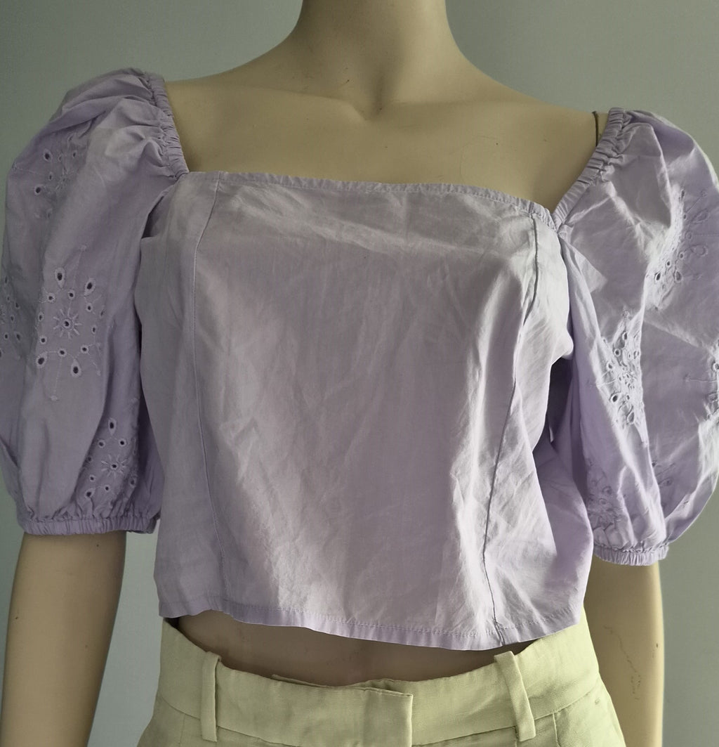 Crop Top H&M Lilas — Col Carré Manches Bouffantes Broderie Anglaise — M — Neuf avec étiquette