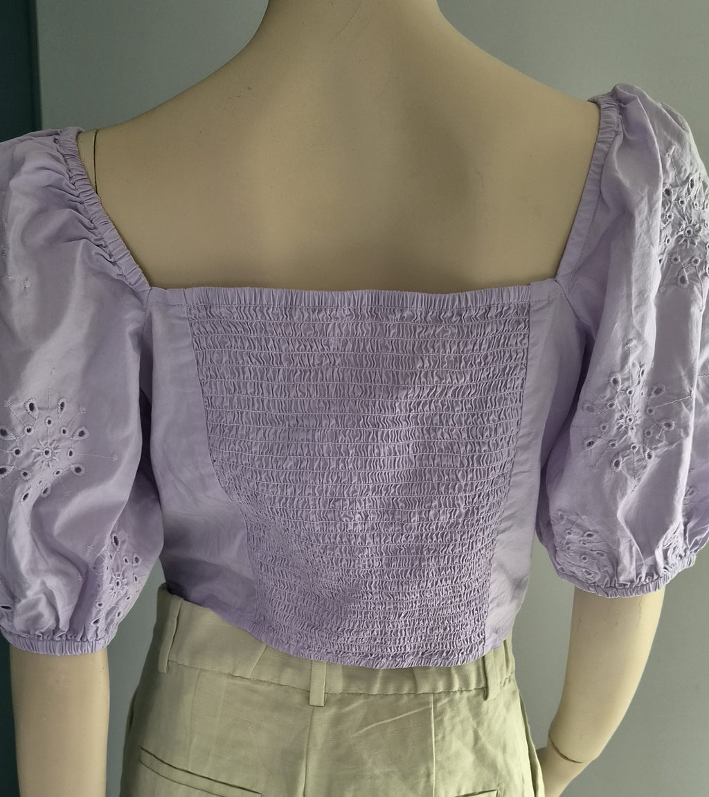 Crop Top H&M Lilas — Col Carré Manches Bouffantes Broderie Anglaise — M — Neuf avec étiquette