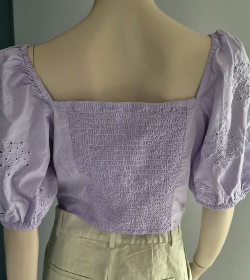 Crop Top H&M Lilas — Col Carré Manches Bouffantes Broderie Anglaise — M — Neuf avec étiquette