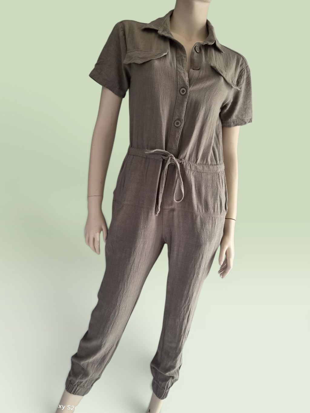 Combinaison Utilitaire Taupe Lin Viscose — Col Chemise Manches Courtes Jogger — S — Très bon état