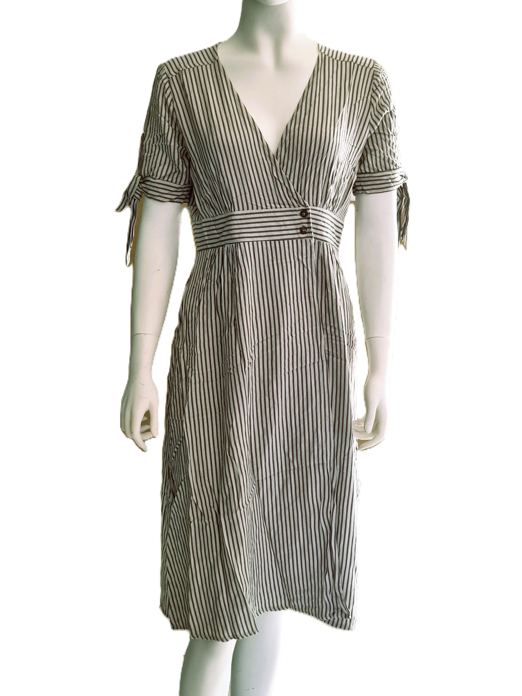 Robe Lulus Rayures Grises Crème — Col V Cache-Cœur Manches Nouées Ceinture Boutons — S (XS/S) — 100% Rayon — Très bon état
