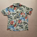 Chemise hawaïenne vintage Grant Thomas - hibiscus rouge et feuilles tropicales sur fond beige - 100% soie - taille L