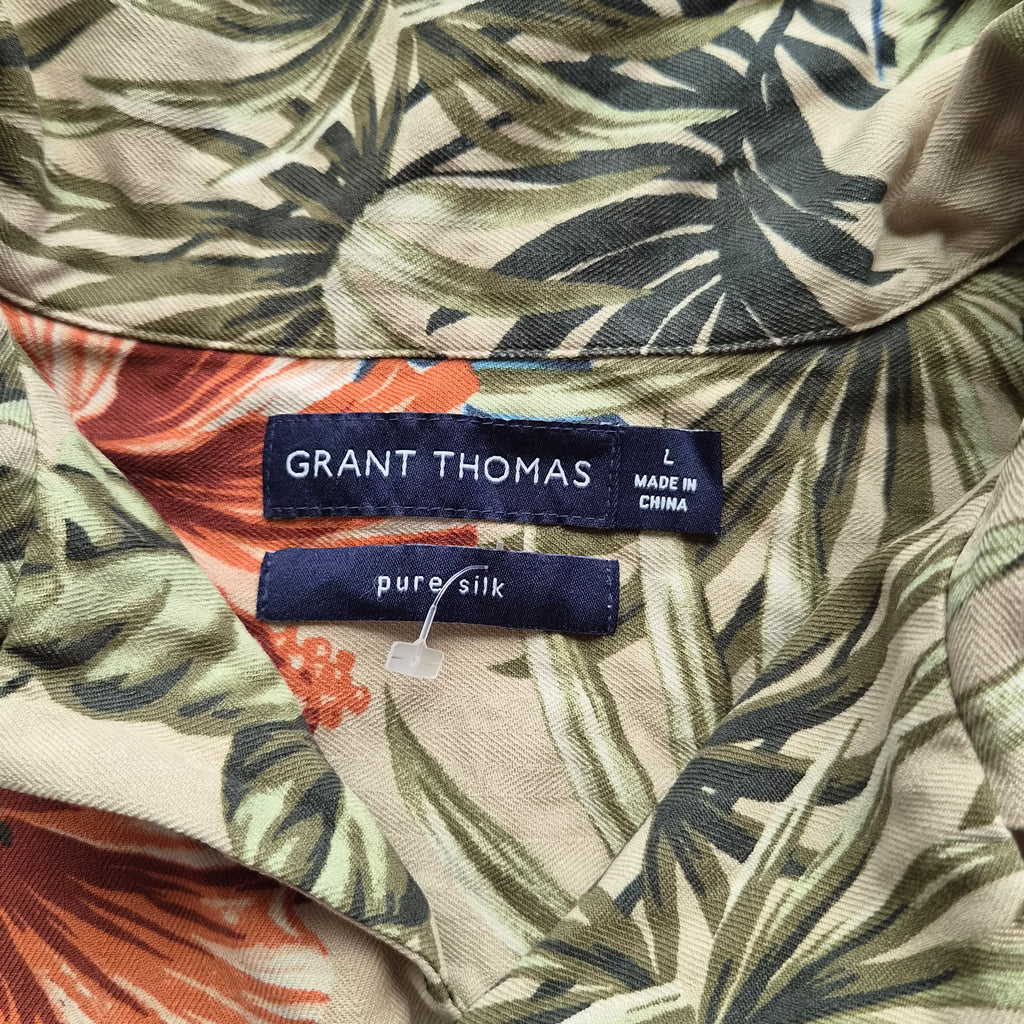 Chemise Hawaïenne Vintage Grant Thomas - Hibiscus & Feuilles Tropicales - Soie - L