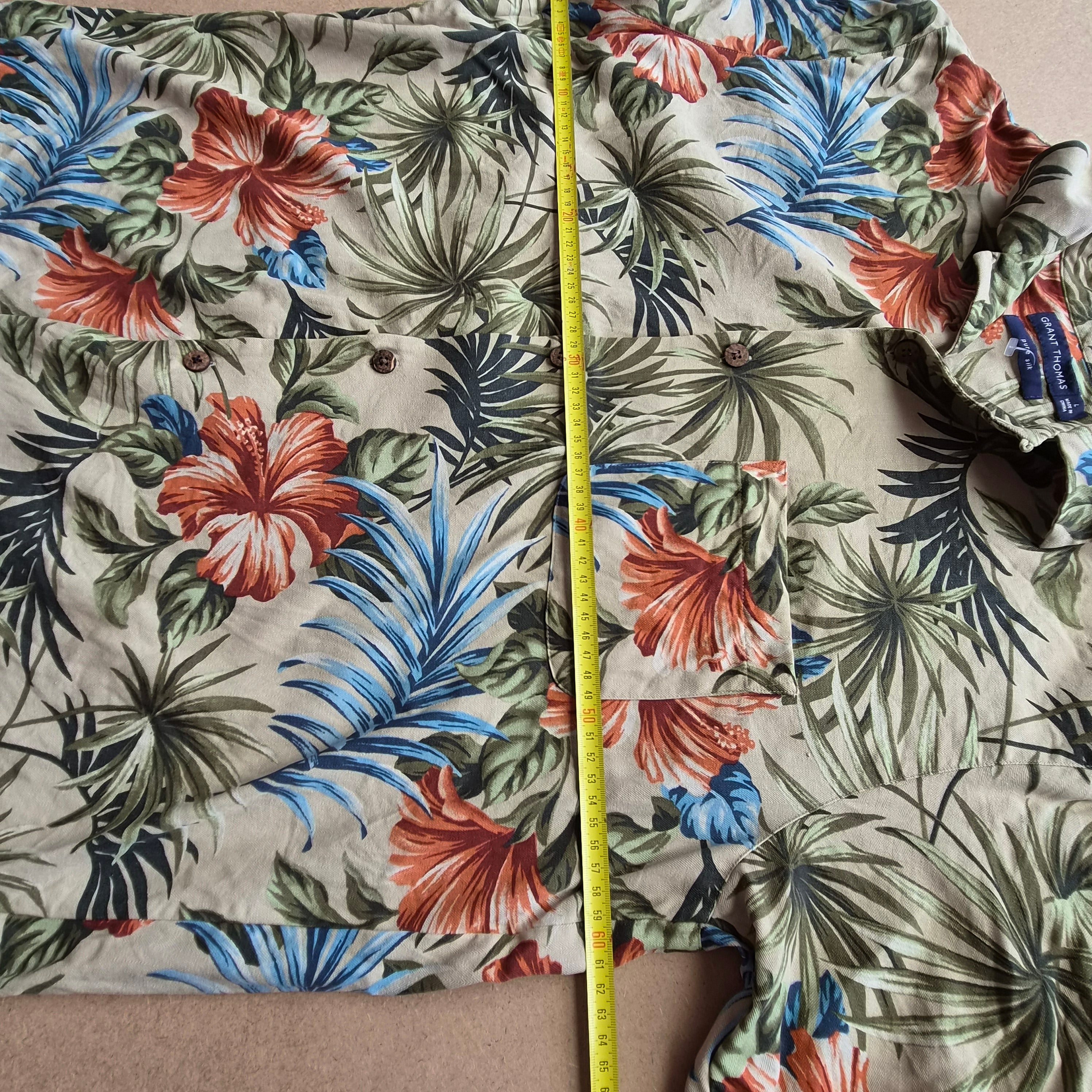 Chemise Hawaïenne Vintage Grant Thomas - Hibiscus & Feuilles Tropicales - Soie - L