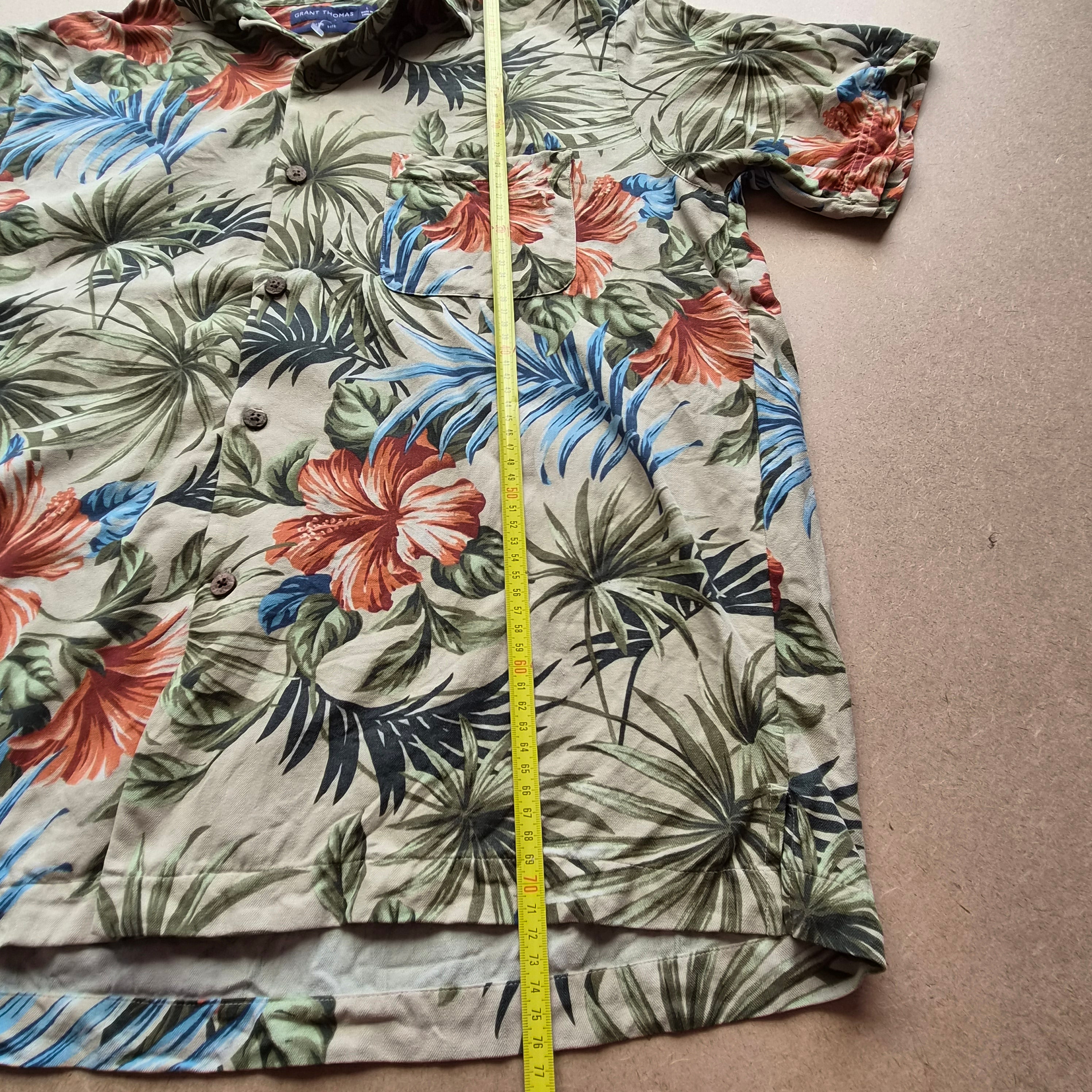 Chemise Hawaïenne Vintage Grant Thomas - Hibiscus & Feuilles Tropicales - Soie - L
