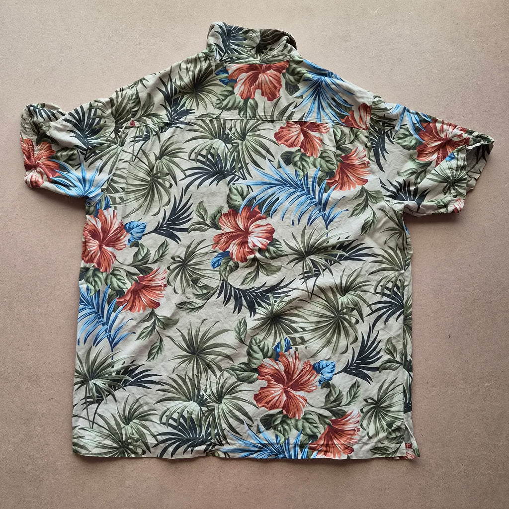 Chemise Hawaïenne Vintage Grant Thomas - Hibiscus & Feuilles Tropicales - Soie - L