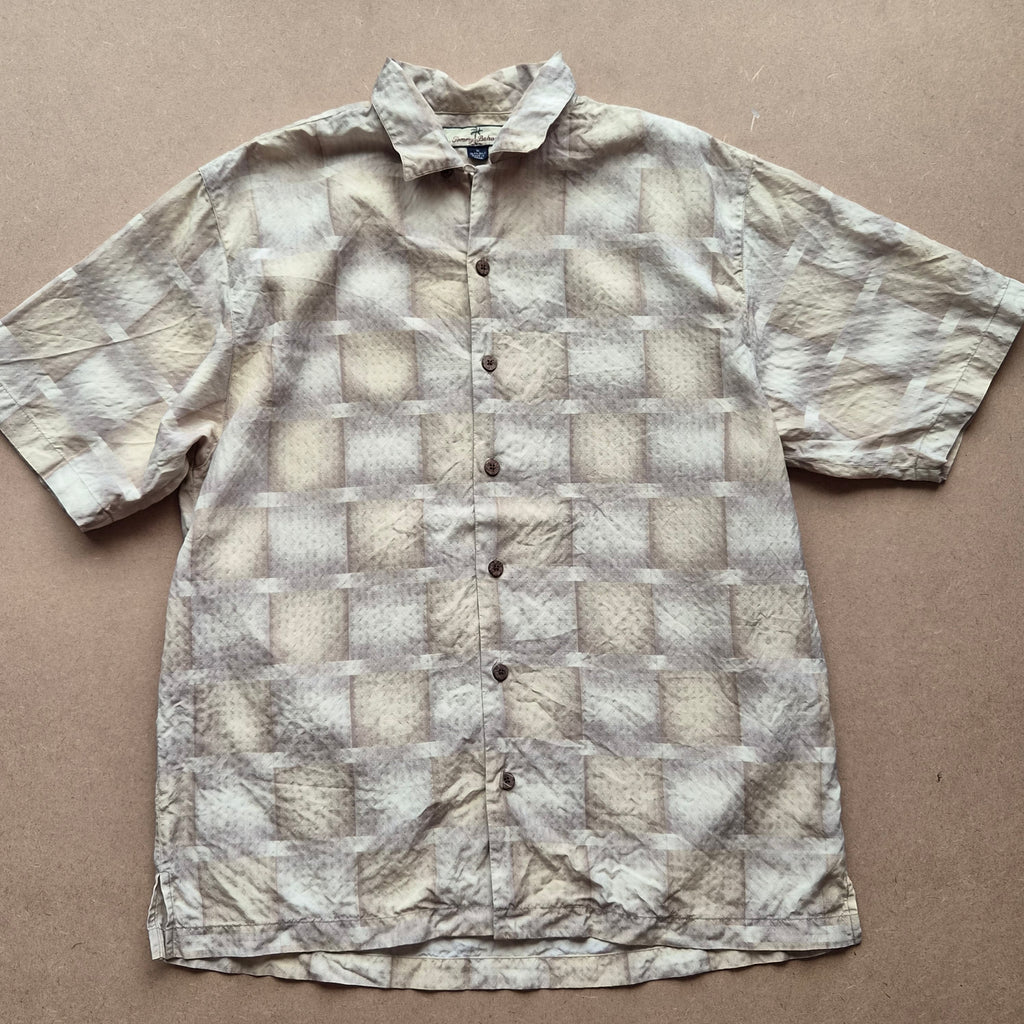 Chemise hawaïenne vintage Tommy Bahama - motif géométrique abstrait tons beige crème - 100% soie - taille M