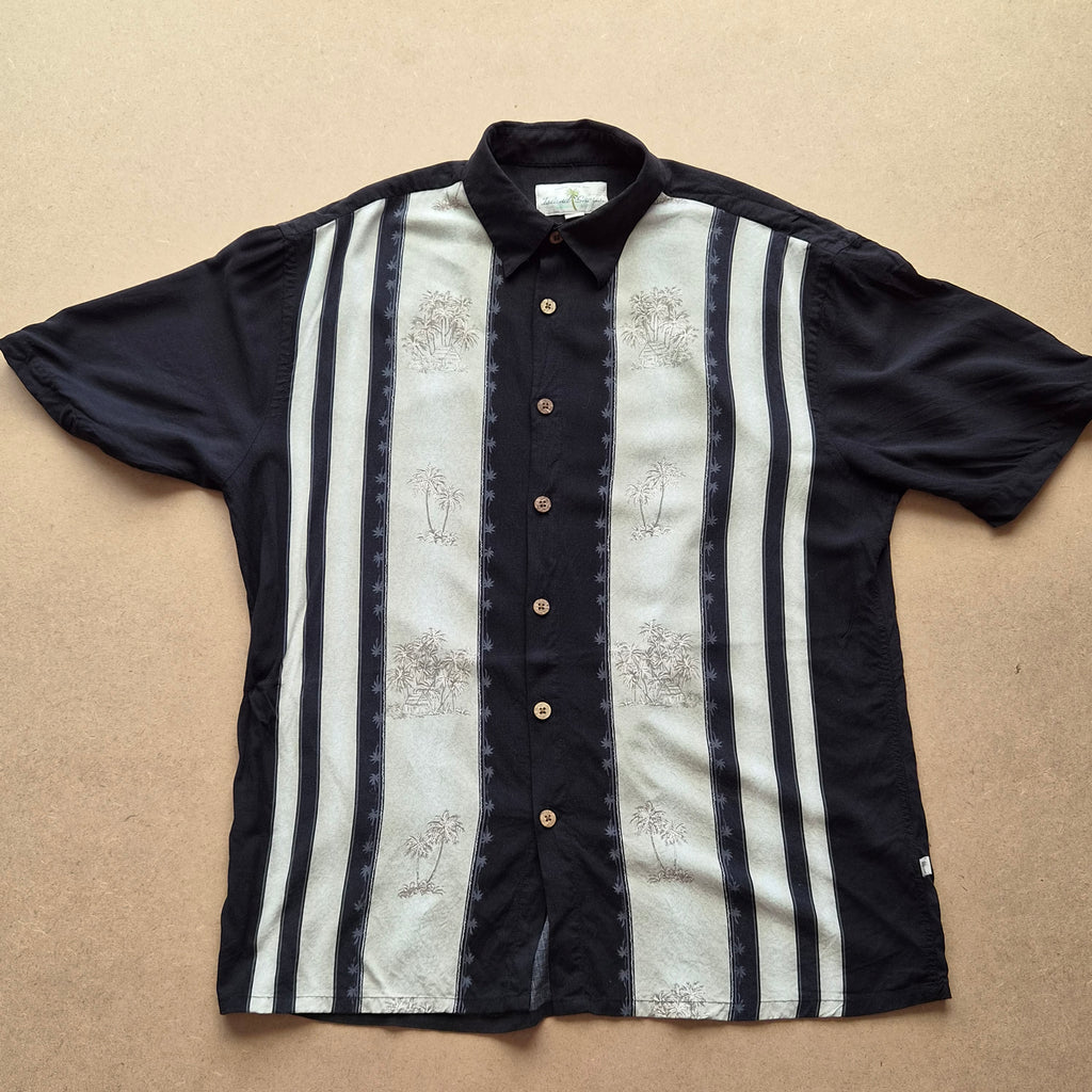 Chemise hawaïenne vintage Island Shores - bandes verticales palmiers blanc sur fond marine - 100% rayon - taille L