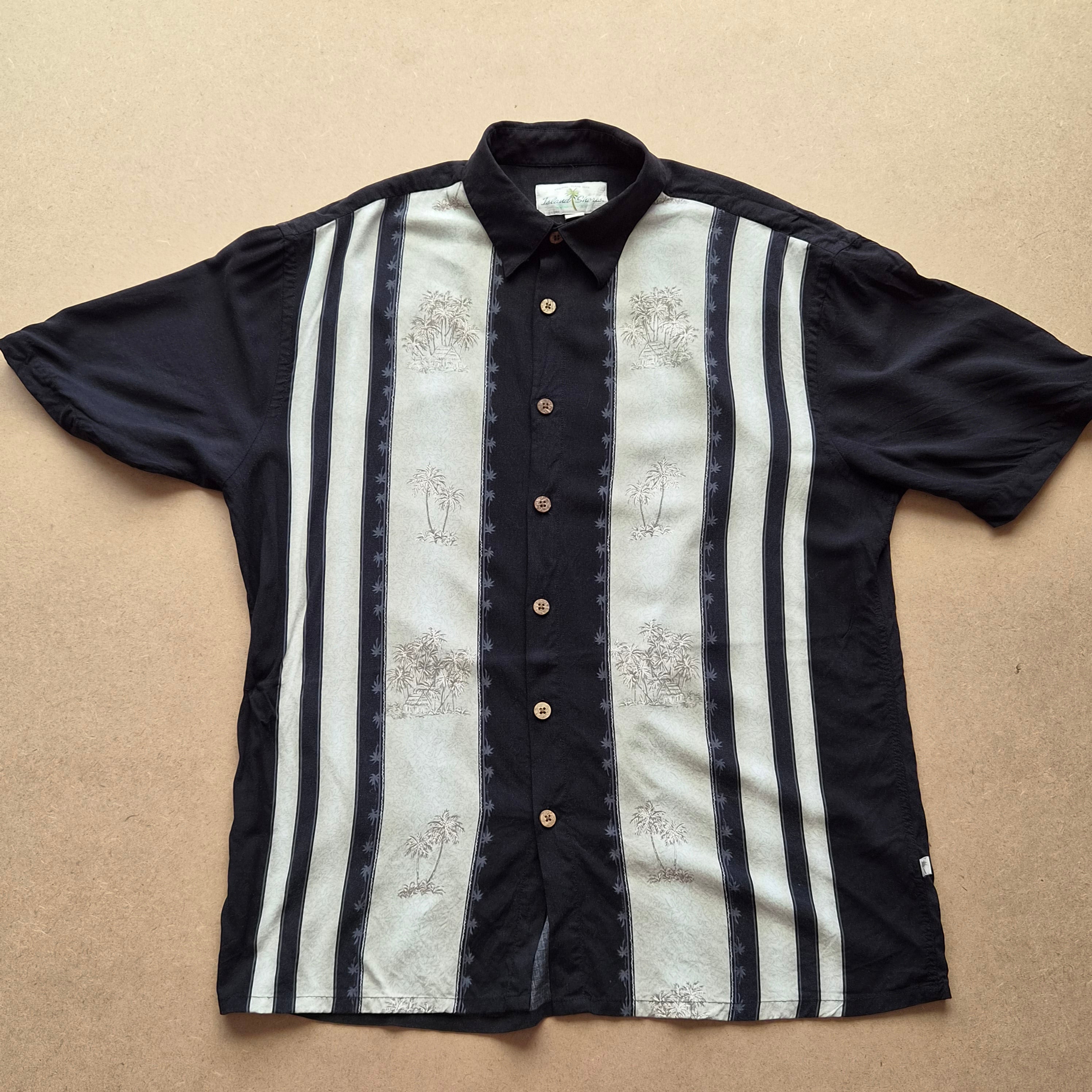 Chemise hawaïenne vintage Island Shores - bandes verticales palmiers blanc sur fond marine - 100% rayon - taille L