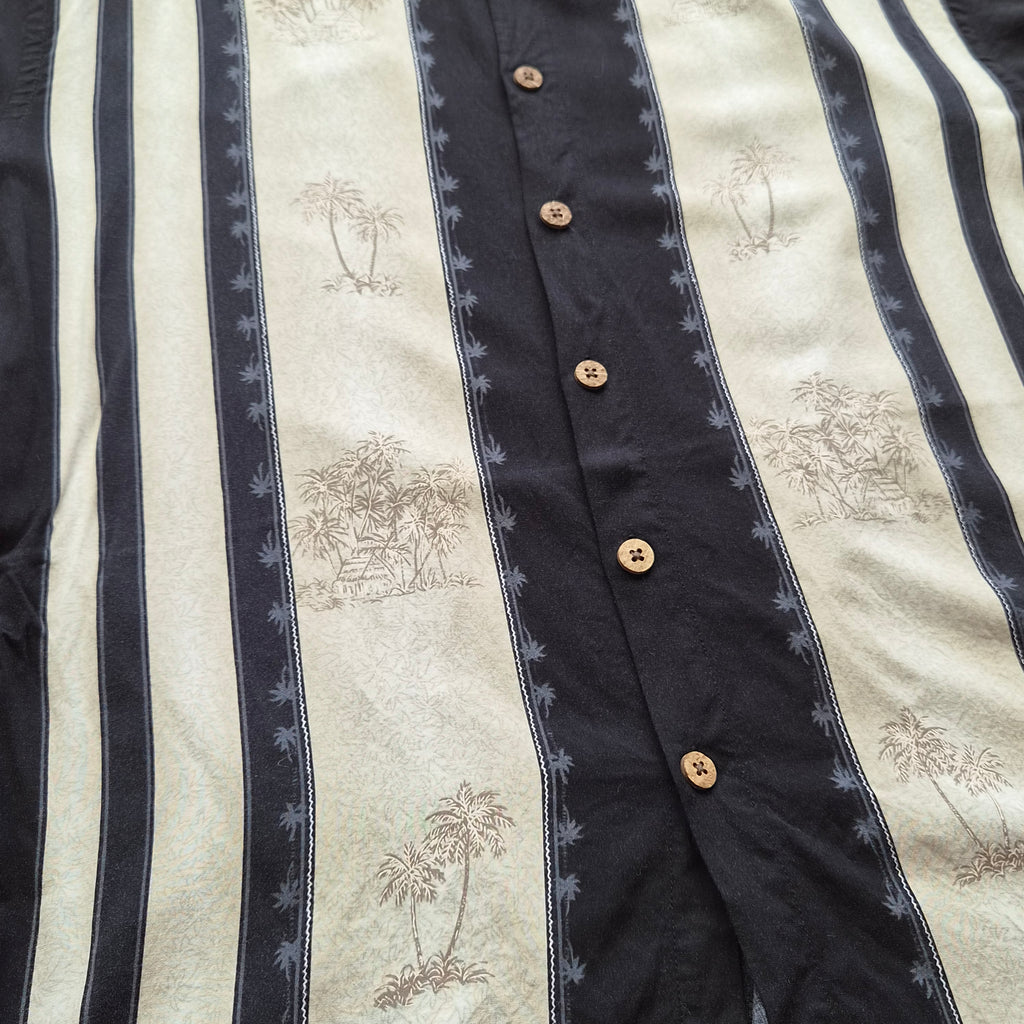 Chemise Hawaïenne Vintage Island Shores - Palmiers Bandes Noir & Blanc - Rayon - L