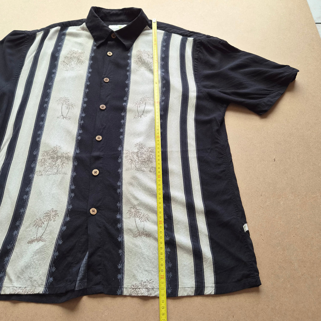 Chemise Hawaïenne Vintage Island Shores - Palmiers Bandes Noir & Blanc - Rayon - L