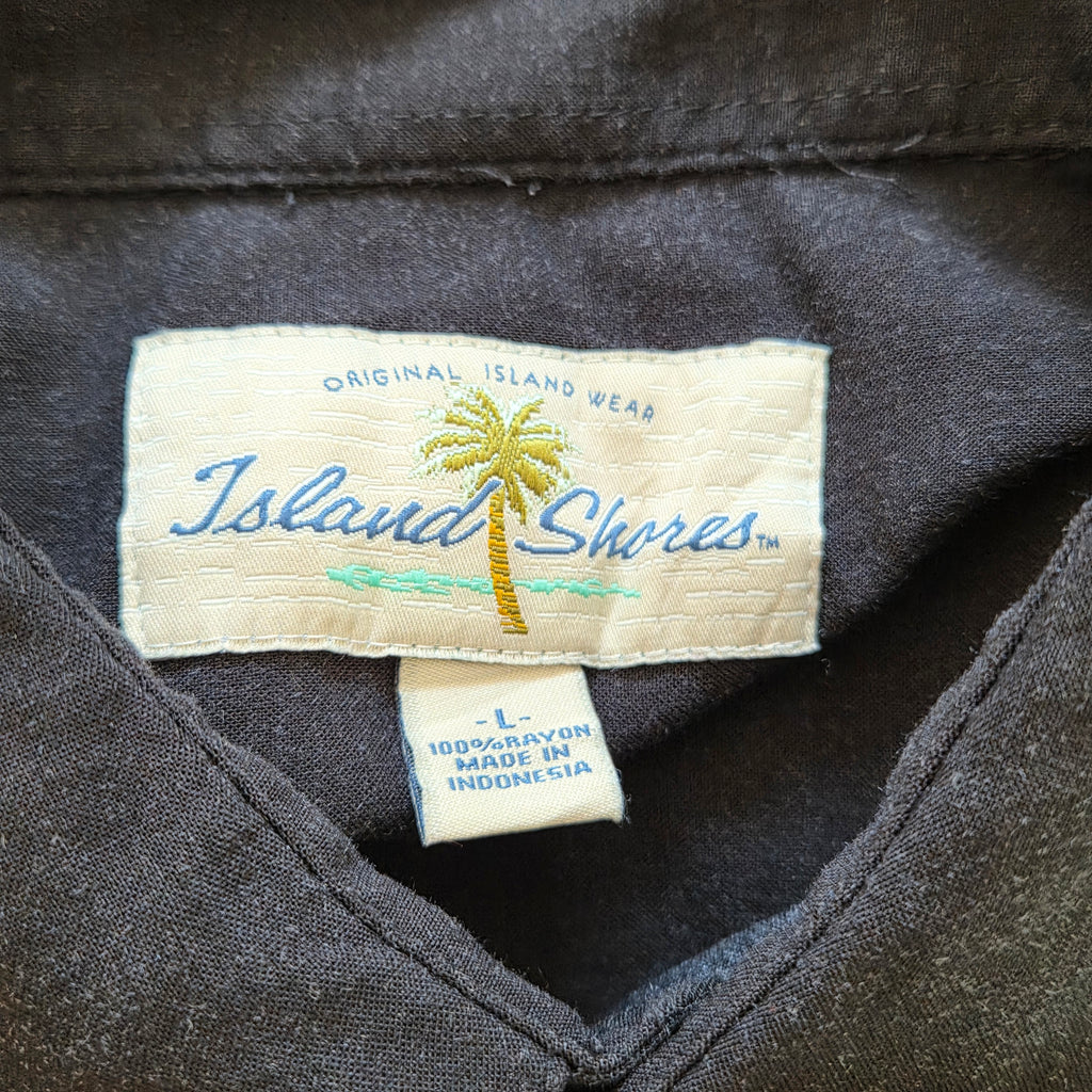 Chemise Hawaïenne Vintage Island Shores - Palmiers Bandes Noir & Blanc - Rayon - L