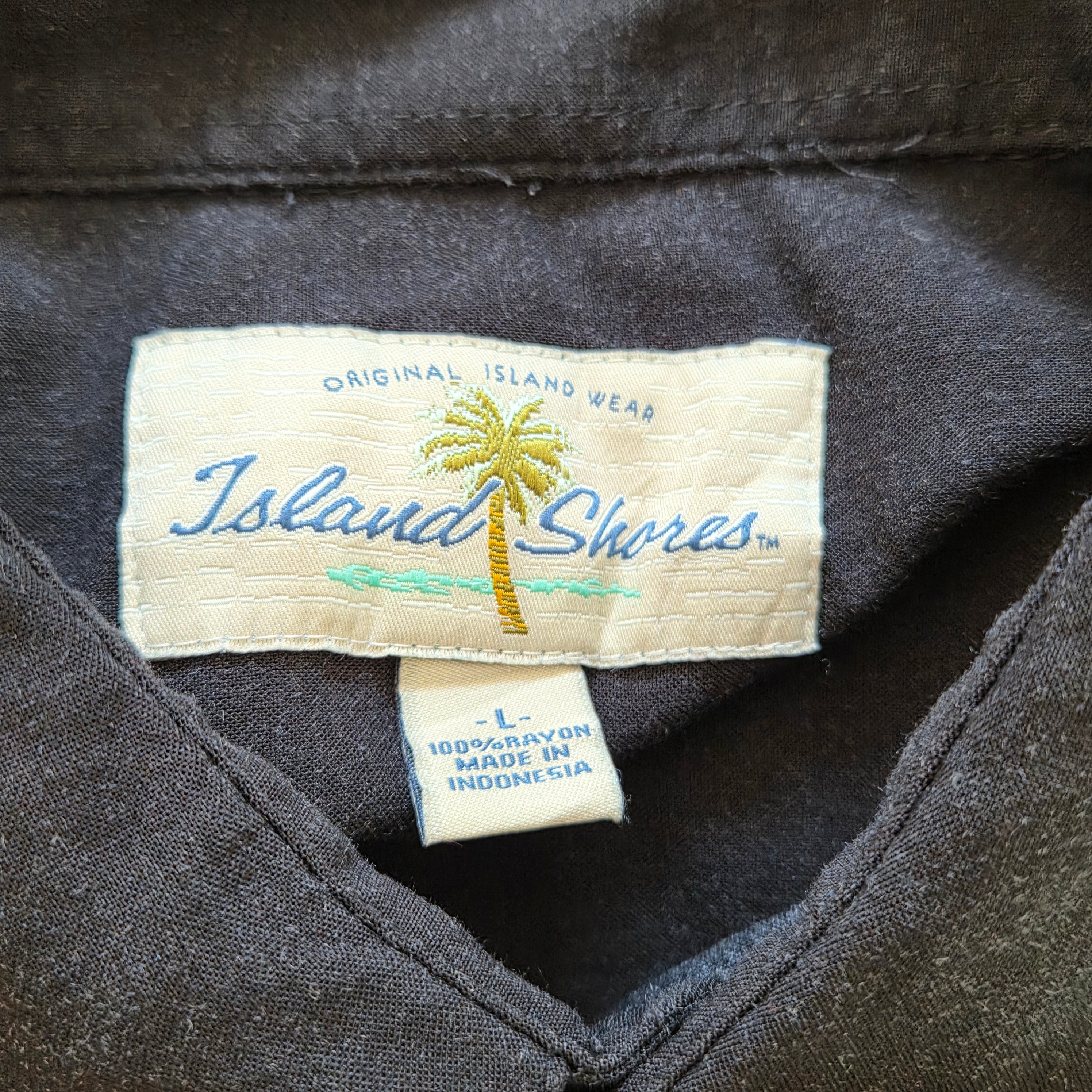 Chemise Hawaïenne Vintage Island Shores - Palmiers Bandes Noir & Blanc - Rayon - L