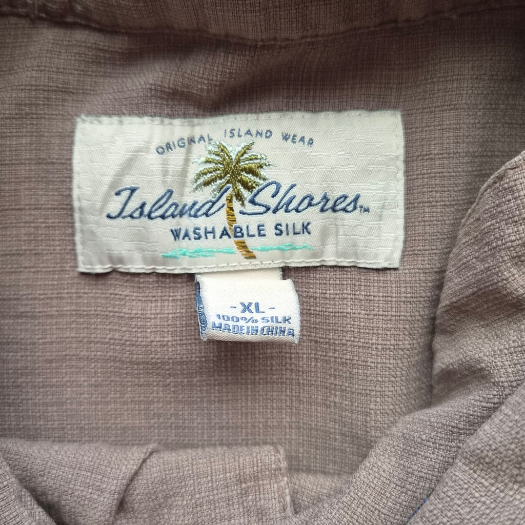 Chemise Hawaïenne Vintage Island Shores - Bandes Brodées Taupe - Soie - XL