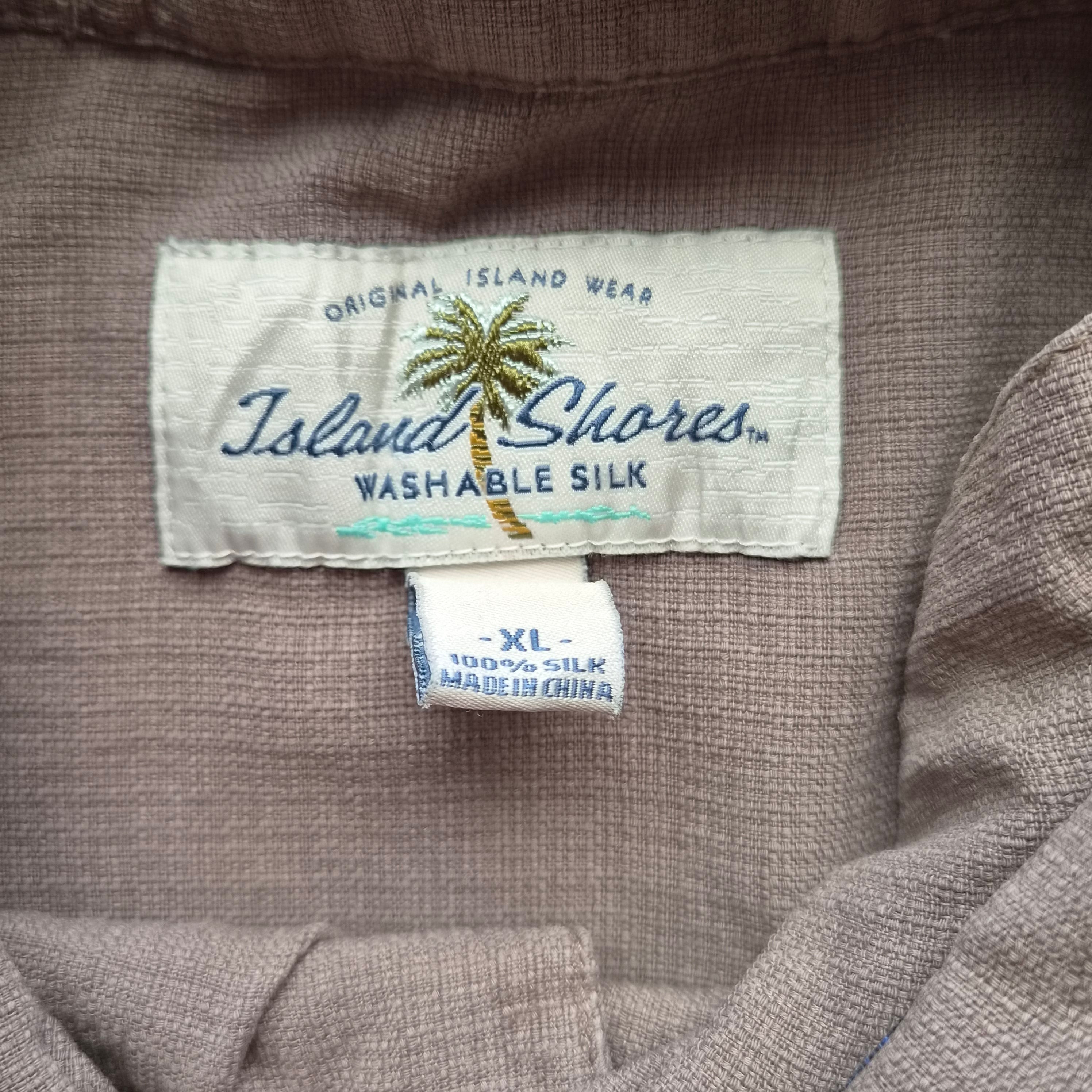 Chemise Hawaïenne Vintage Island Shores - Bandes Brodées Taupe - Soie - XL
