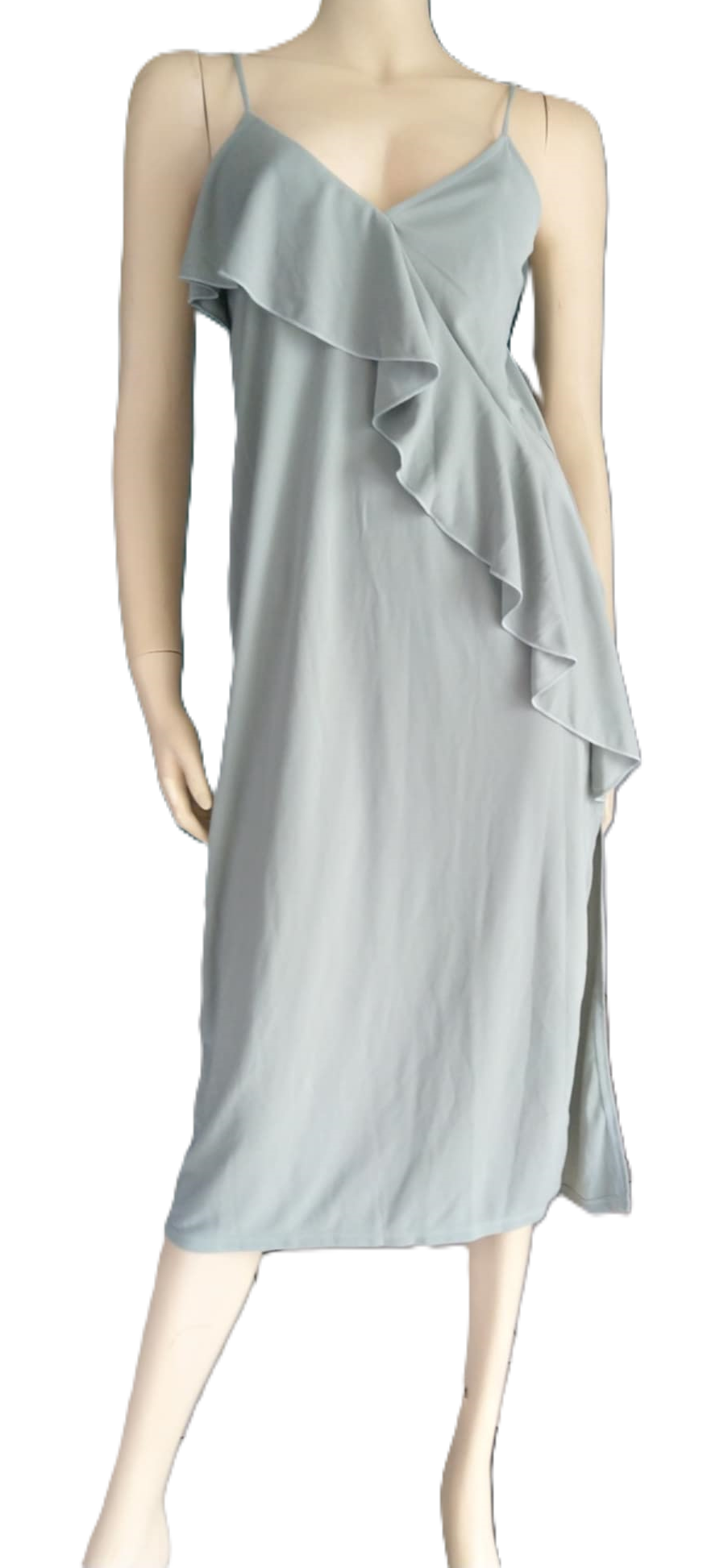 Robe Midi H&M Gris Bleu — Volant Asymétrique — S — 100% Polyester Recyclé — Neuve avec étiquette